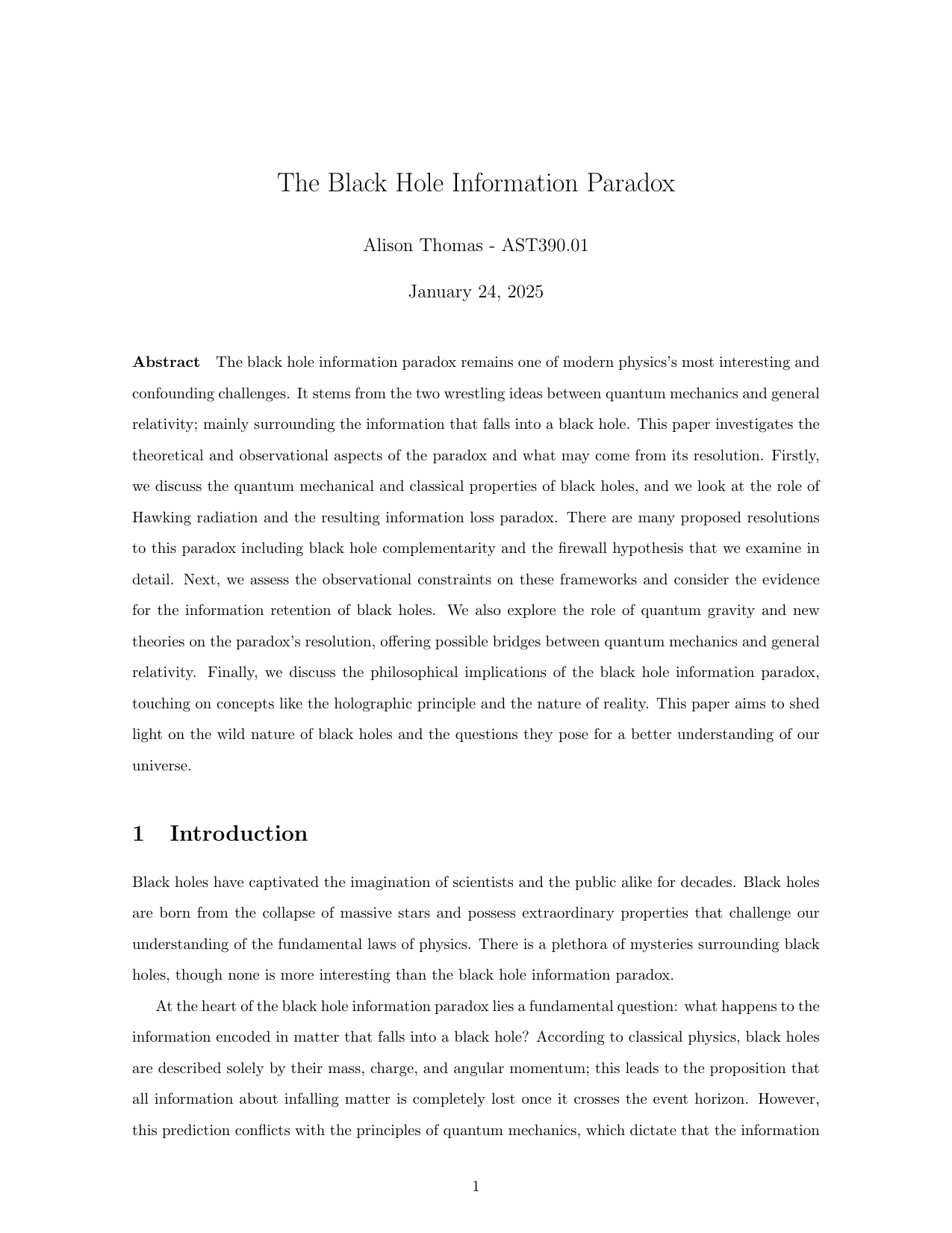 First page of Alison Thomas's Black Hole Information Paradox literature review