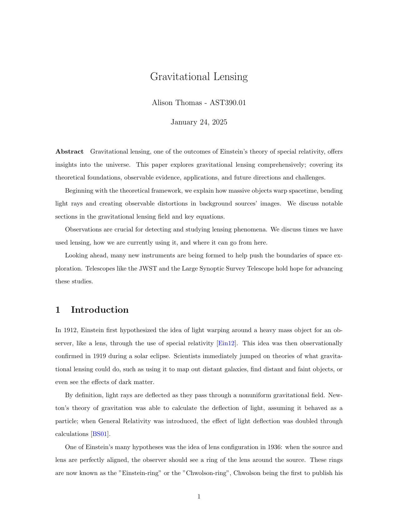 First page of Alison Thomas's Gravitational Lensing course paper